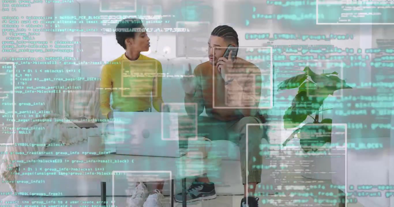 Man placing client call while woman typing code on sofa with animated snippets highlighting code