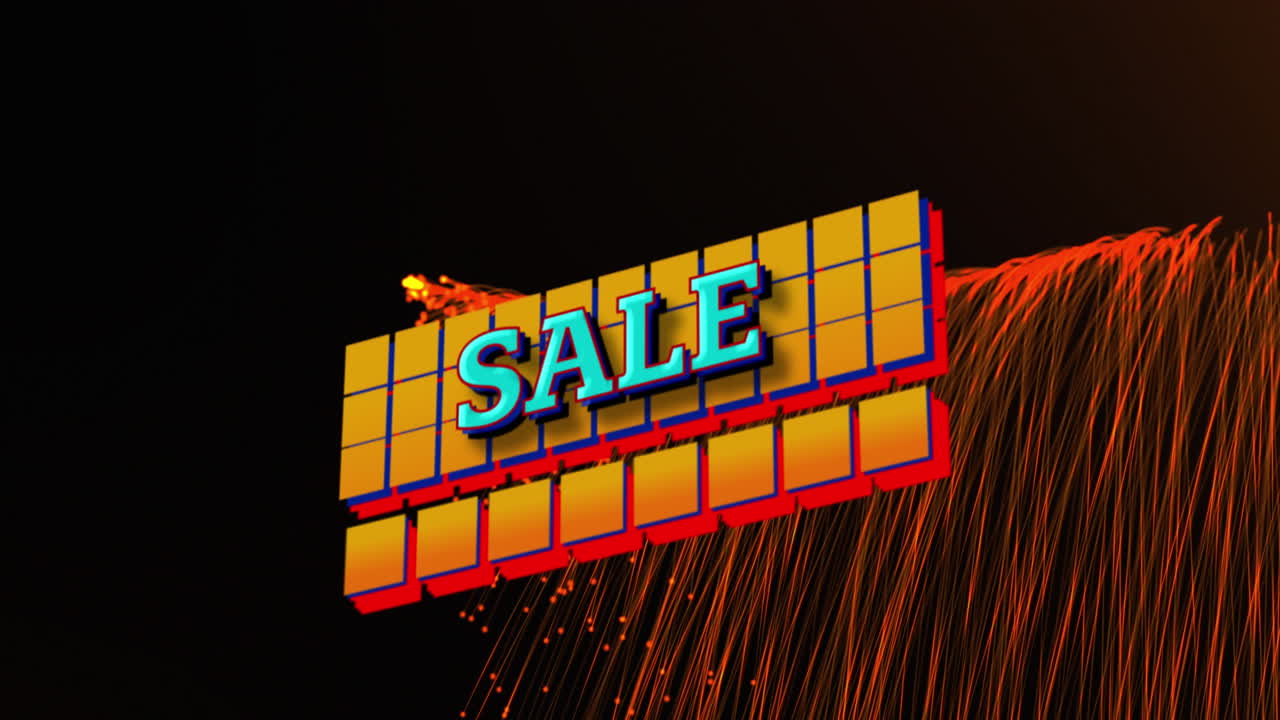 animación del texto de venta sobre cuadrados amarillos y rastros de luz brillante roja sobre fondo negro