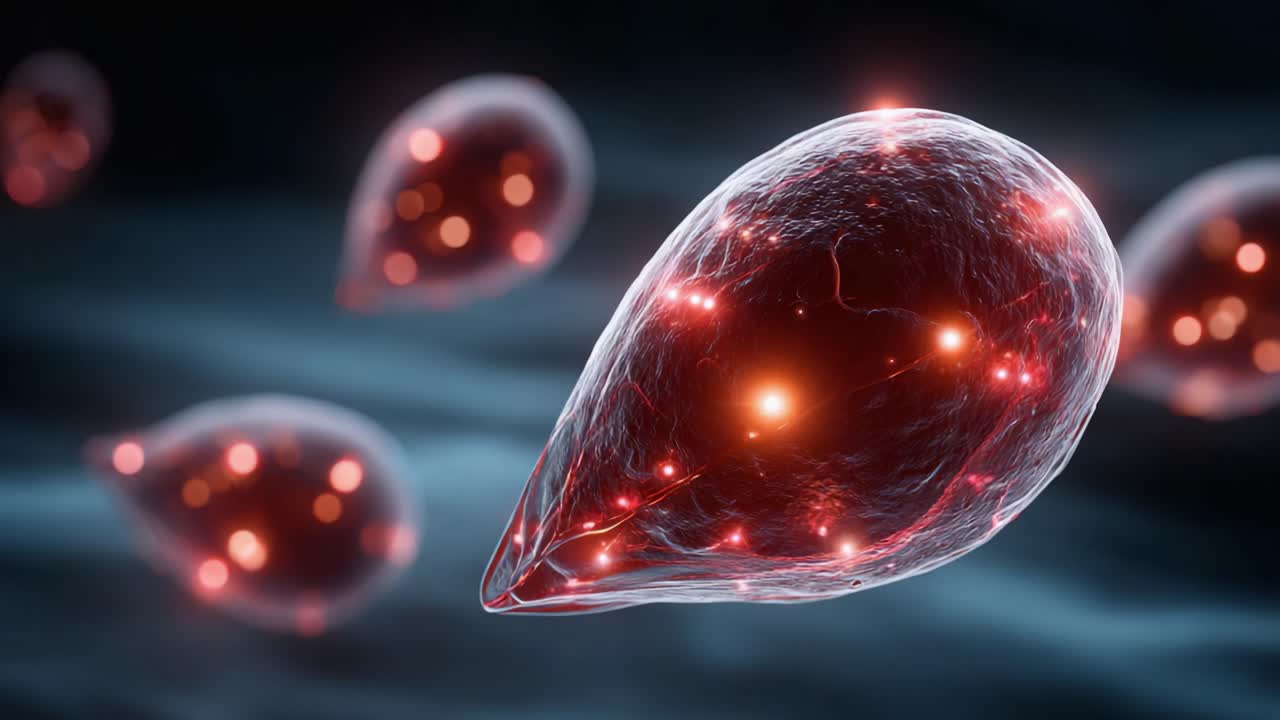 Scorci Affascinanti della Vita Microscopica: Un Viaggio Visivo Mozzafiato attraverso la Complessa Struttura delle Cellule con Organelli Luminosi in Movimento.