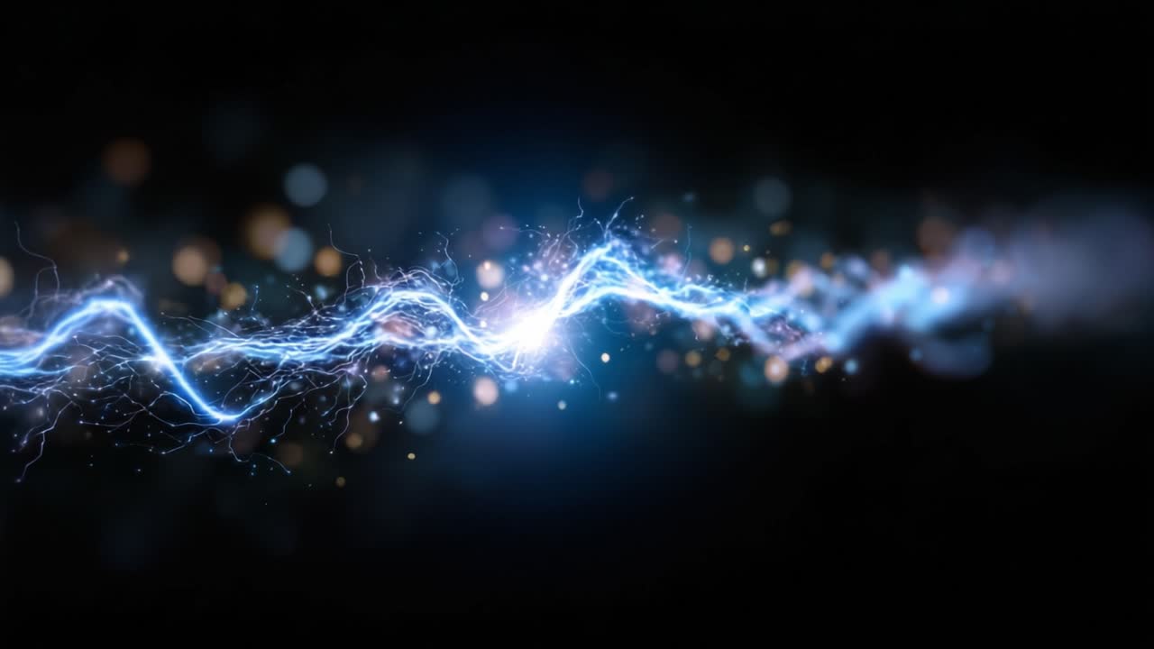 Dynamic Electric Blue Wave with Sparkling Lights and Energy Pulses Captured in Motion, Illustrating Power and Vibrancy of Electricity Flowing through Darkness