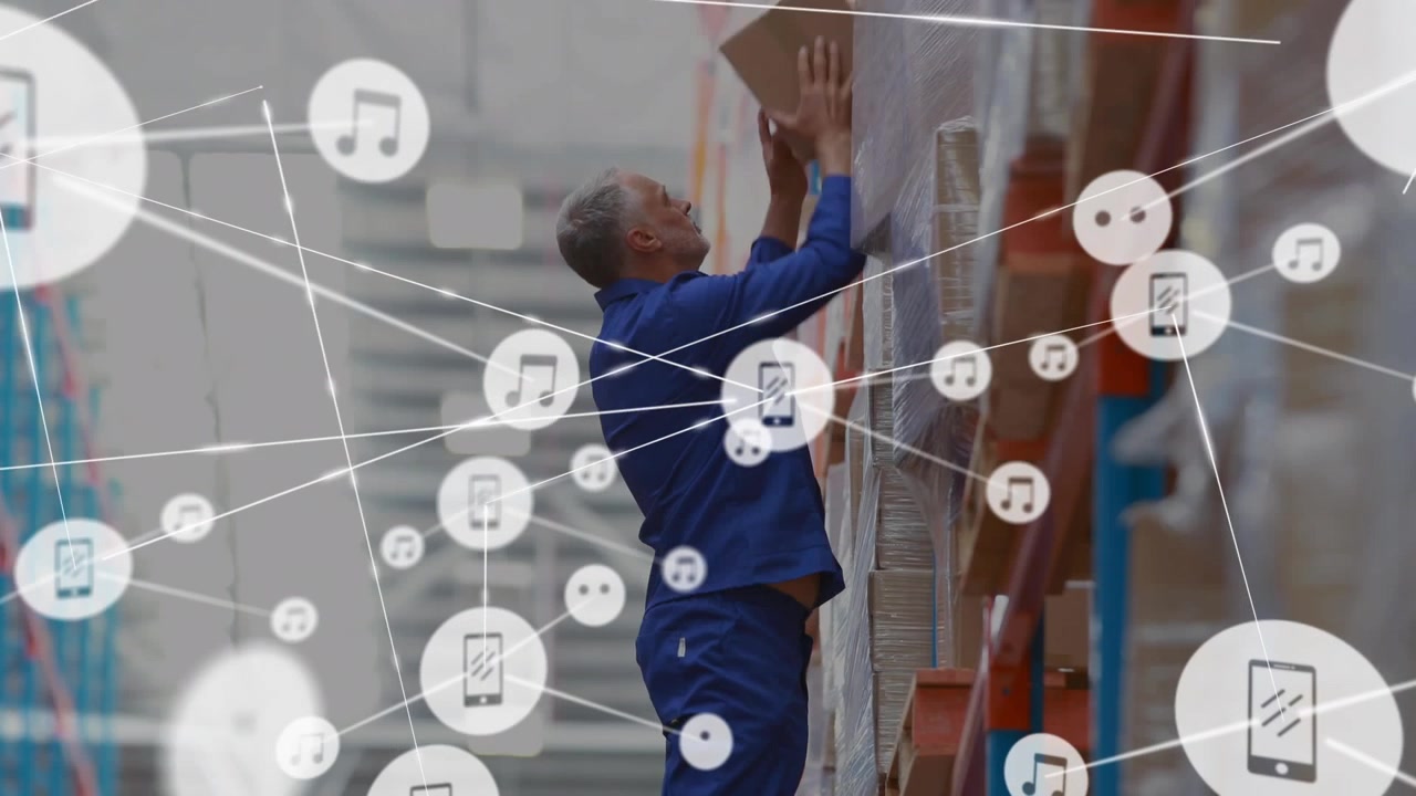 Warehouse Worker Stacking Boxes with Digital Network Overlay
