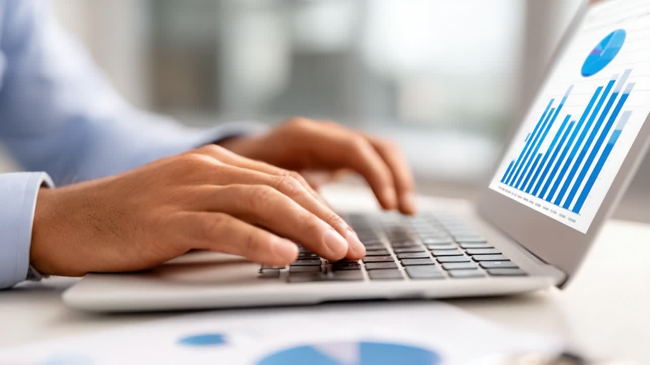 Analyzing Performance Metrics: A Close-Up of Hands Typing on a Laptop While Interpreting Data Visualizations from Bar Graphs and Pie Charts on Screen