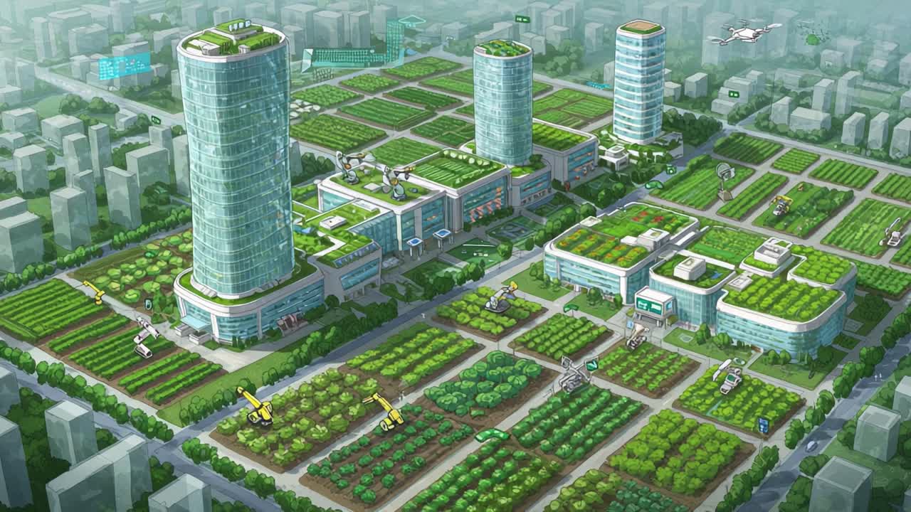 Futuristic Urban Agriculture: A Vision of Sustainable Farming Integrated with Technology, Featuring Smart Buildings, Green Planting Areas, and Advanced Machinery Across the Cityscape