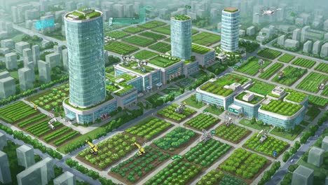 futuristic urban agriculture: a vision of sustainable farming integrated with technology, featuring smart buildings, green planting areas, and advanced machinery across the cityscape