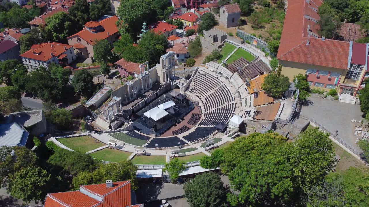 Drone view of Ancient Roman Theatre of Philippopolis in Plovdiv, Bulgaria