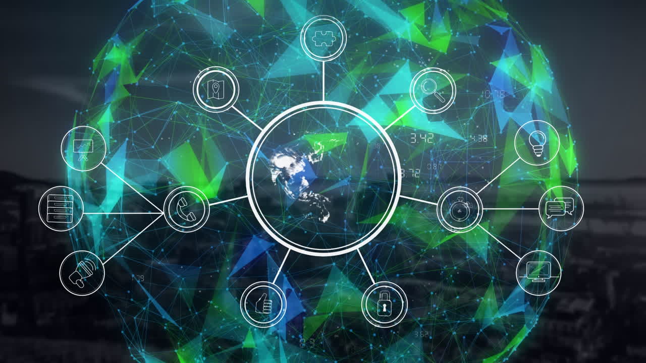 глобус с сетью цифровых икон против сетей plexus