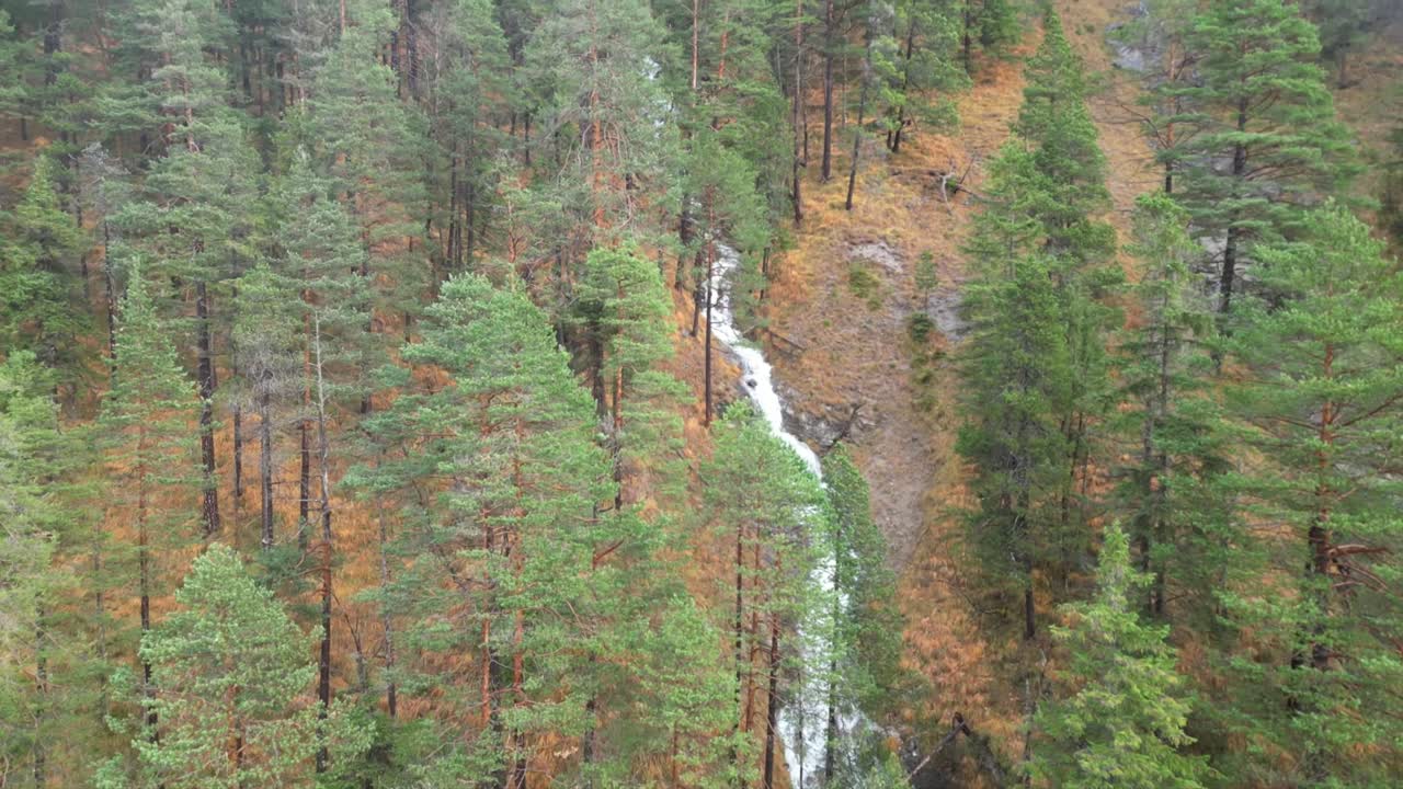 Waterfall cascading through an autumn forest