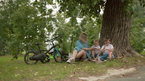 a mother sits with her two children under a tree in the park, offering something to her older son, who appears to refuse the item, the younger child seems more interested