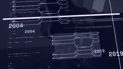 Animation-of-numbers,-circuit-board-patterns,-computer-language,-midsection-of-man-working-on-laptop