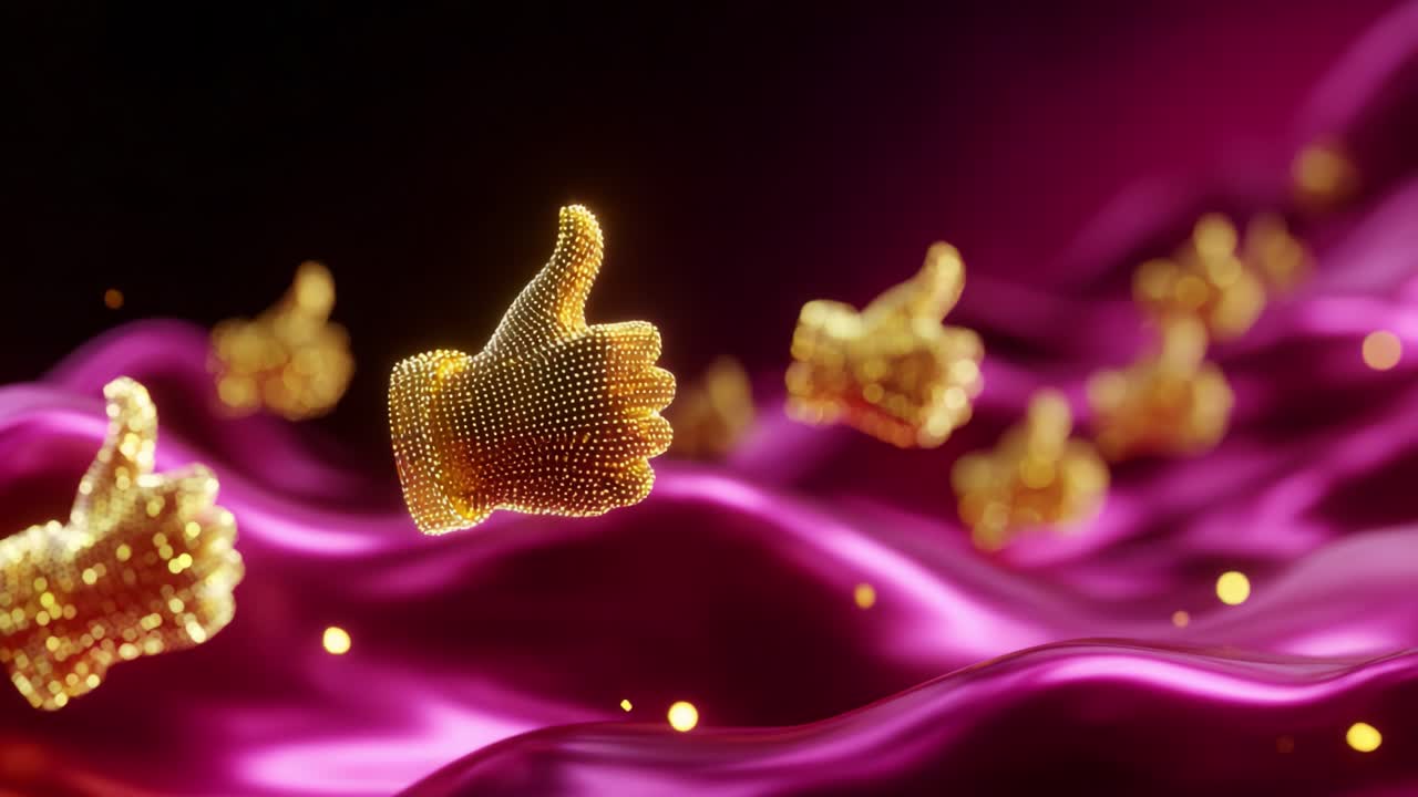 An Artistic Representation of Shimmering Golden Thumbs Up Floating Over a Whimsical Flow of Pink Waves, Embodying Themes of Positivity, Approval, and Vibrant Digital Creativity in a Stunning Visual Display