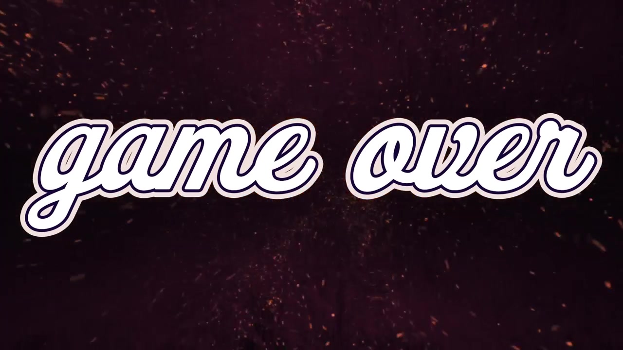 Animation of game over on dark background with orange sparkles