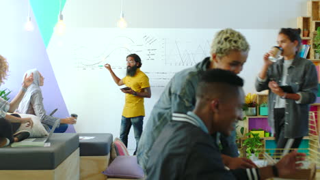 diverse team brainstorming in modern office