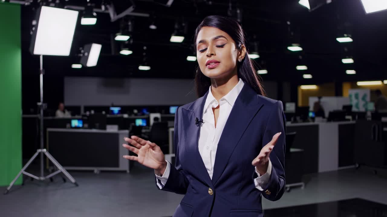 A news anchor in a studio waves at the camera in a medium shot