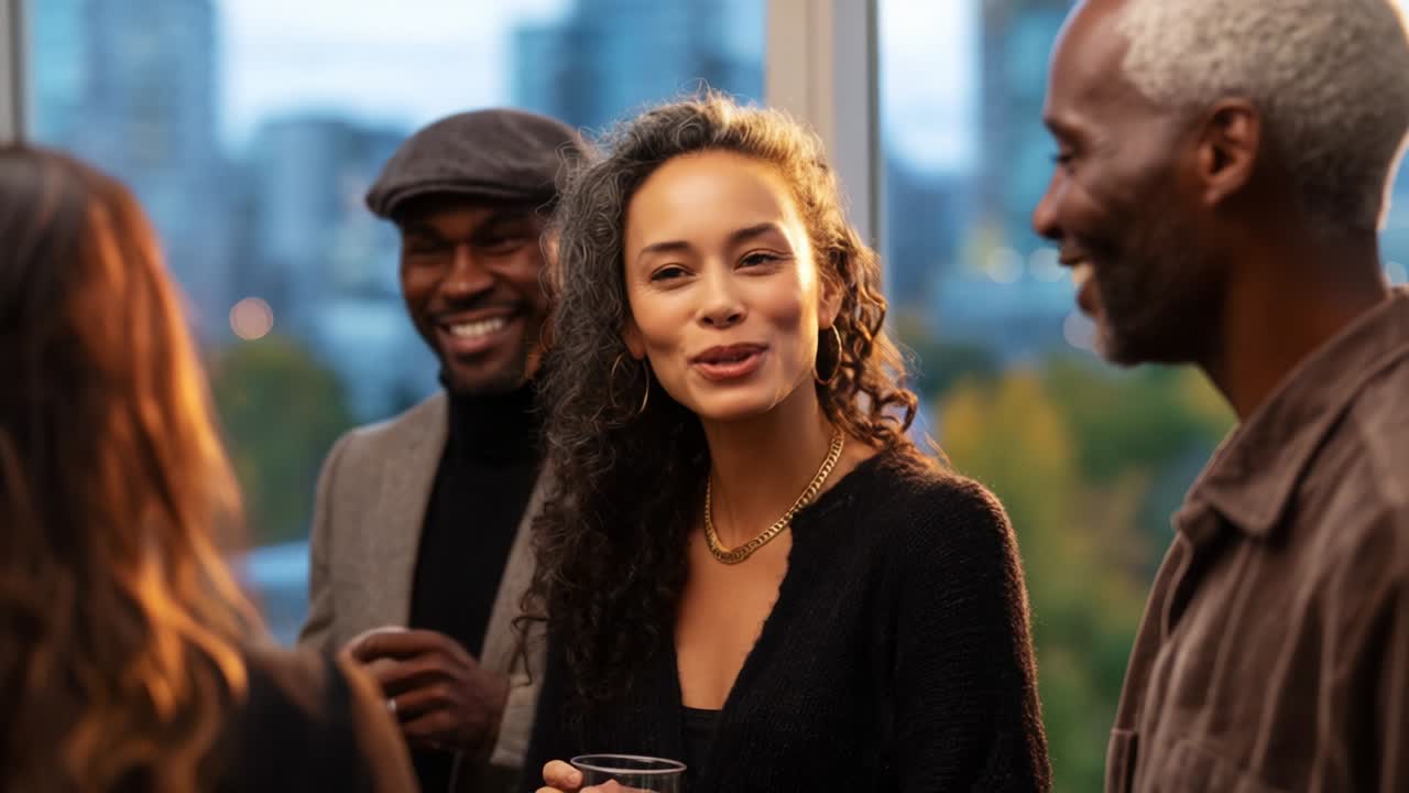 Capturing Joyful Moments: A Group of Friends Engaging in Laughter and Conversation at a Stylish Gathering with Drinks in a Modern Setting Overlooking a Beautiful Cityscape