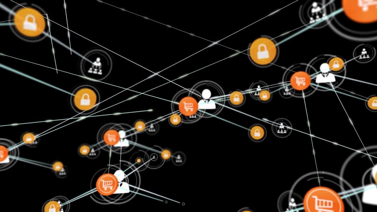 Animazione di una rete di connessioni con icone su sfondo nero.