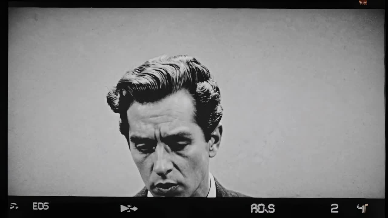 Vintage video style, low-angle shot of classic cars on a city street, black and white