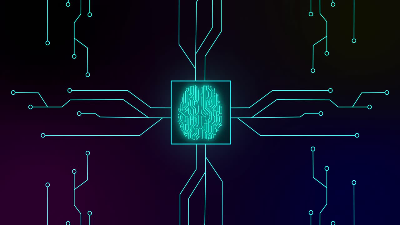 검은 바탕 위에 컴퓨터 마더 보드 회로와 함께 녹색으로 빛나는 인간 뇌의 애니메이션