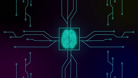 Animation-Eines-Grün-Leuchtenden-Menschlichen-Gehirns-Mit-Computer-Motherboard-Schaltung-Auf-Schwarzem-Hintergrund