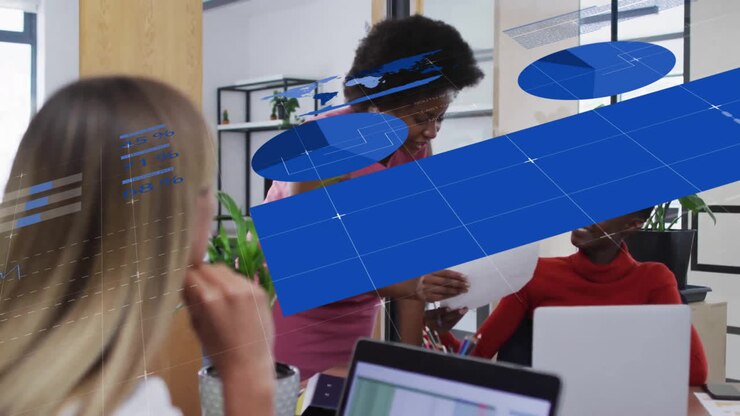 Animation of data processing and diagrams over diverse business people talking in office