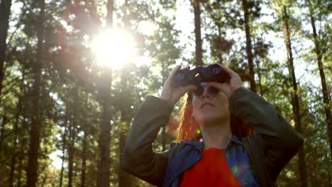 mujer mirando a través de binoculares en el bosque 4k