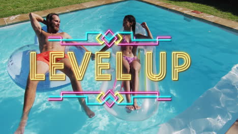 couple relaxing on pool floats with level up text animation overlay