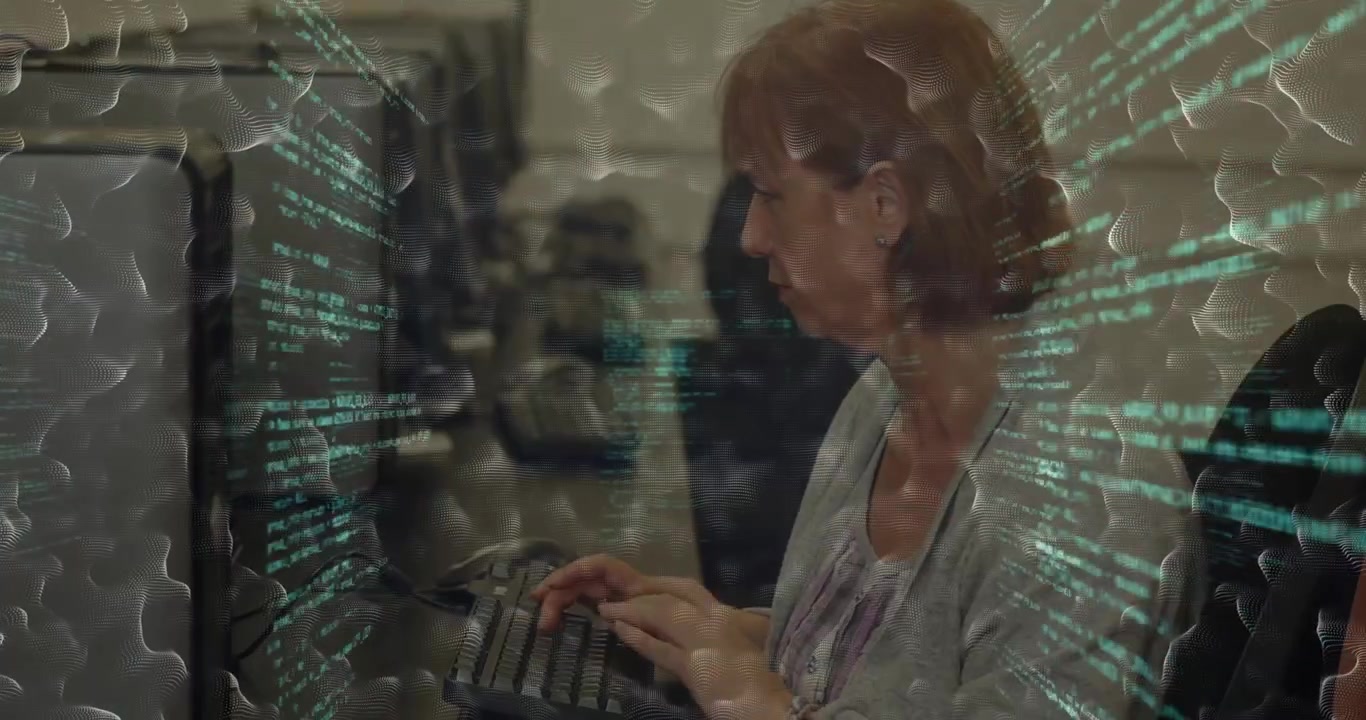 Data processing and digital waves over caucasian female senior teacher using computer at school