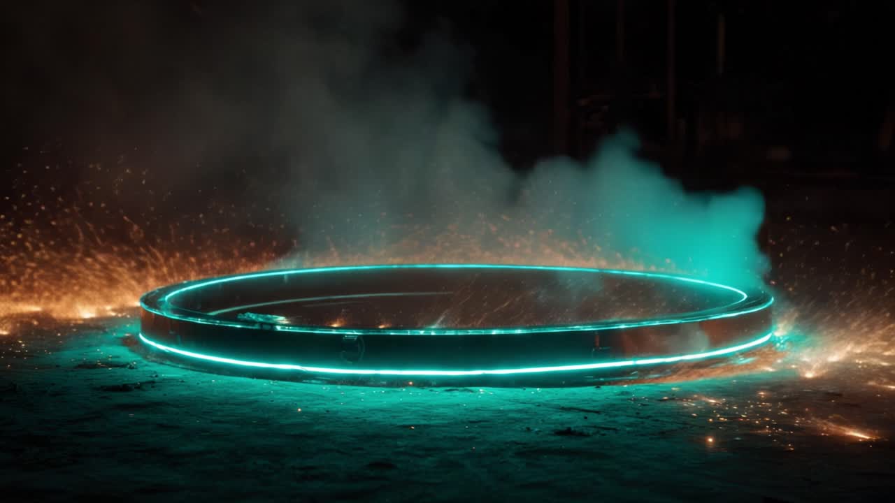Mysterious circular object glowing with a futuristic turquoise neon light, creating a shower of fiery orange sparks and dense smoke against a dark background in a dynamic industrial scene