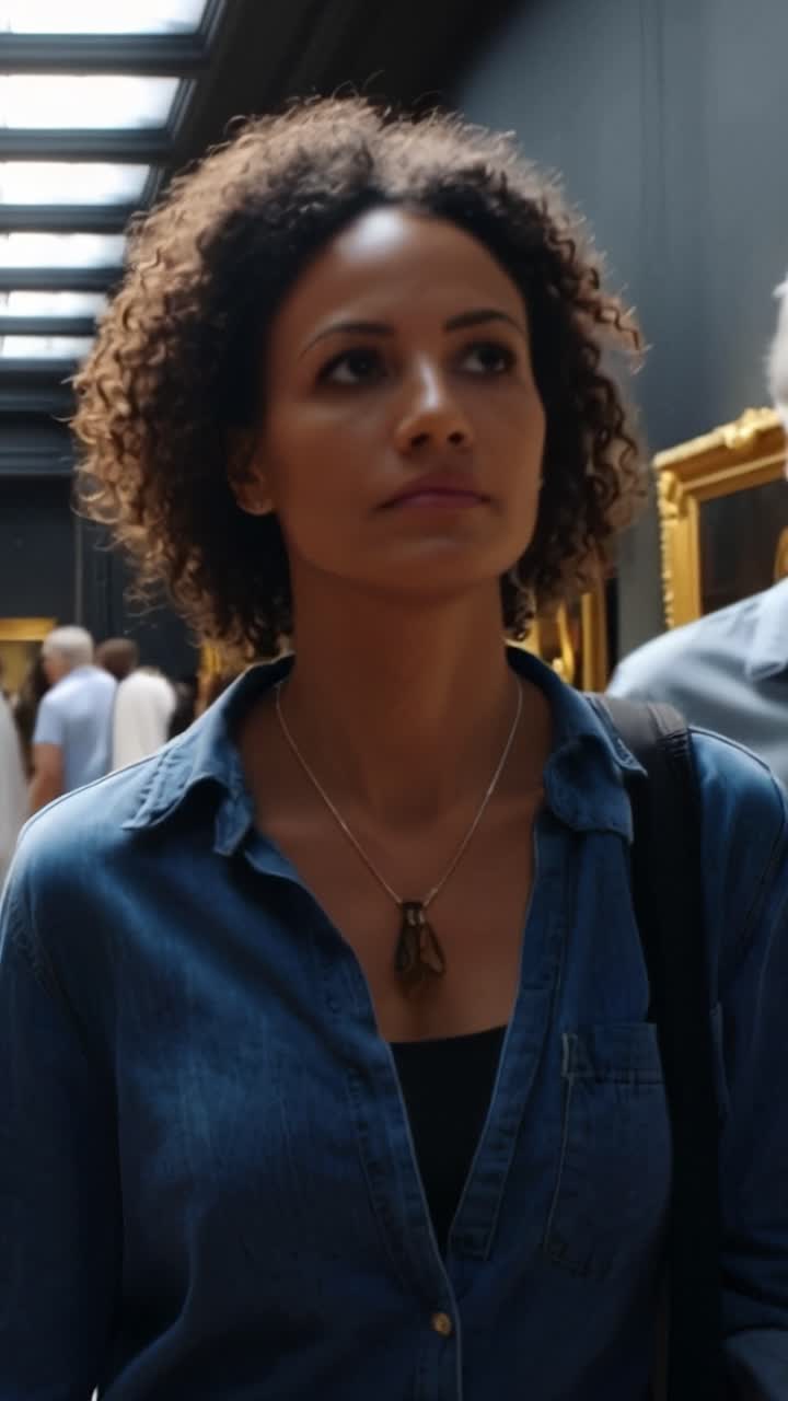 Mulher com cabelo cacheado observa pensativamente, ao lado de um homem sério, em uma galeria de arte. A cena se passa em um ambiente cultural público, transmitindo uma sensação de contemplação e observação tranquila.