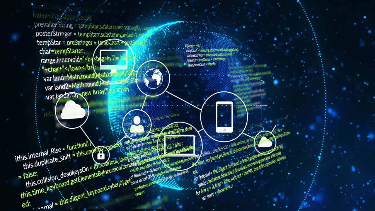 Digital code and icons animation over rotating globe and network connections