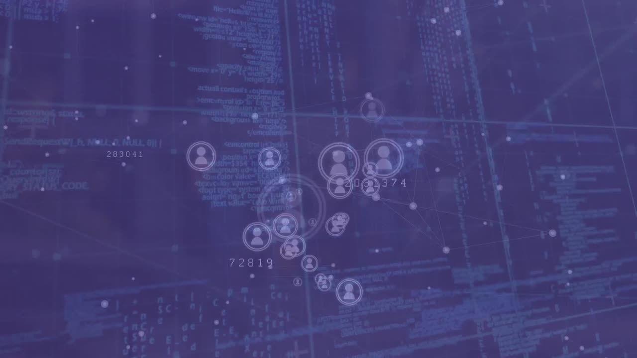 Animation of network of connections with icons over data processing