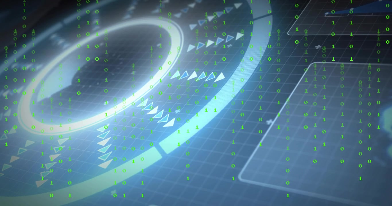 On system pulse holo ring rotating, arrow markers cascading outward, binary columns streaming data