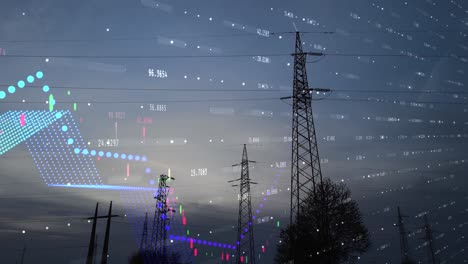 animation of rising electricity prices graph with distribution pylons - 3d render