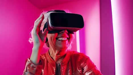 una mujer con auriculares de realidad virtual y sonriendo