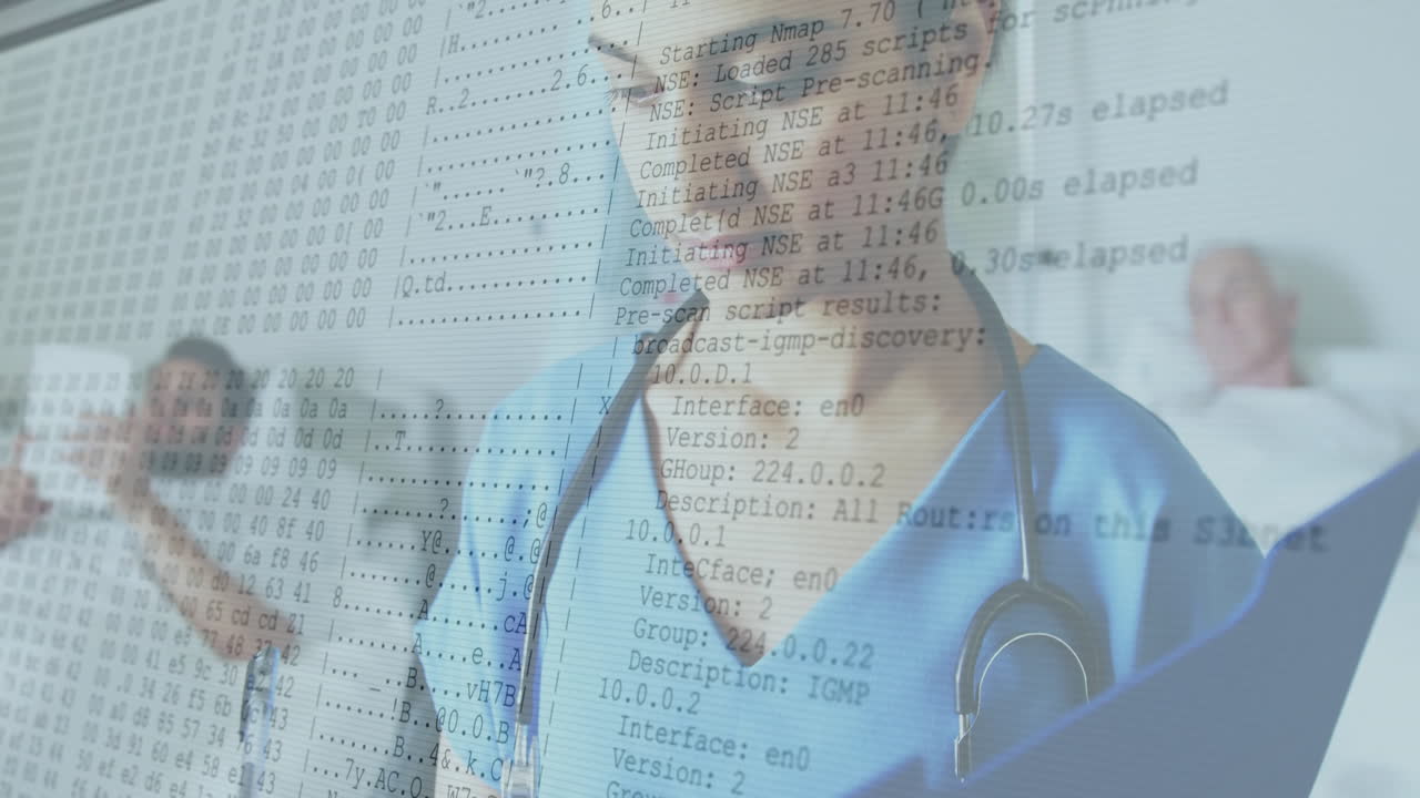 Nurse reviewing network scanning overlay in hospital room, with animated traceroute and RTT charts