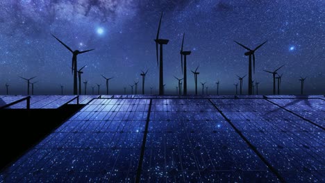 3d animation of solar panels and wind turbine starry night