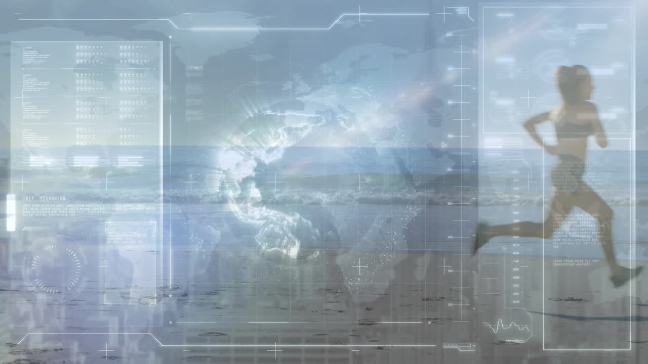 animación del procesamiento de datos sobre una mujer en forma corriendo en la playa