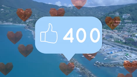 animación de las redes sociales pulgares hacia arriba icono y números sobre corazones y paisaje