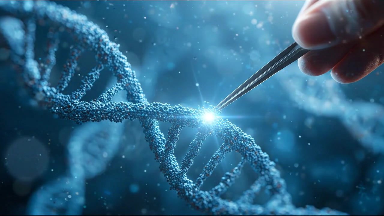 Doppia elica di DNA blu luminosa che si estende su uno sfondo scientifico