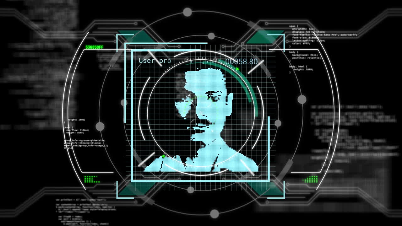 анимация фотографий пользователей, цифровой замок и обработка данных на черном фоне