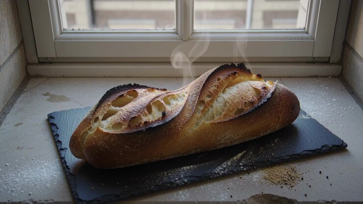 Cooling baguette loaf releasing steam after baking on painted windowsill, with slate board