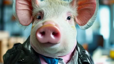 a pig wearing a leather jacket and a blue tie