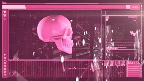 cráneo humano girando contra la interfaz digital de procesamiento de datos médicos