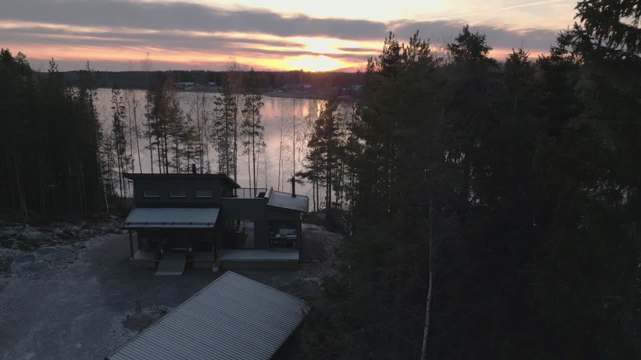Aerial drone's view of a cold october morning in Northern Finland at sunrise