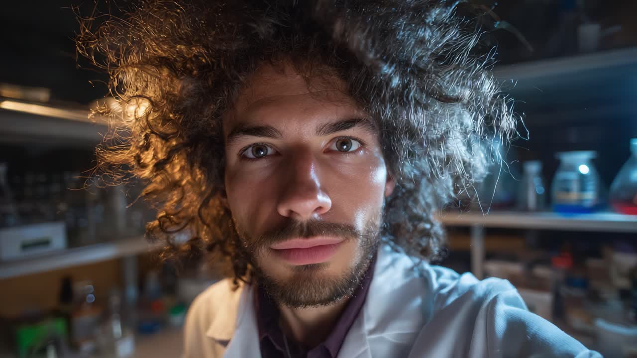 Focused Scientist with Curly Hair in Laboratory Setting, Examining Samples and Conducting Research Under Low Light Conditions, Innovation in Science and Discovery