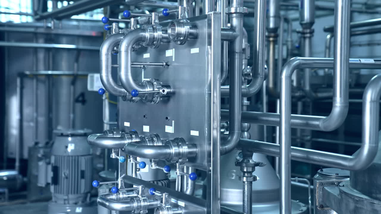 Silver tanks and cisterns at industrial production line in modern milk factory. Steel pipes and valves close up.