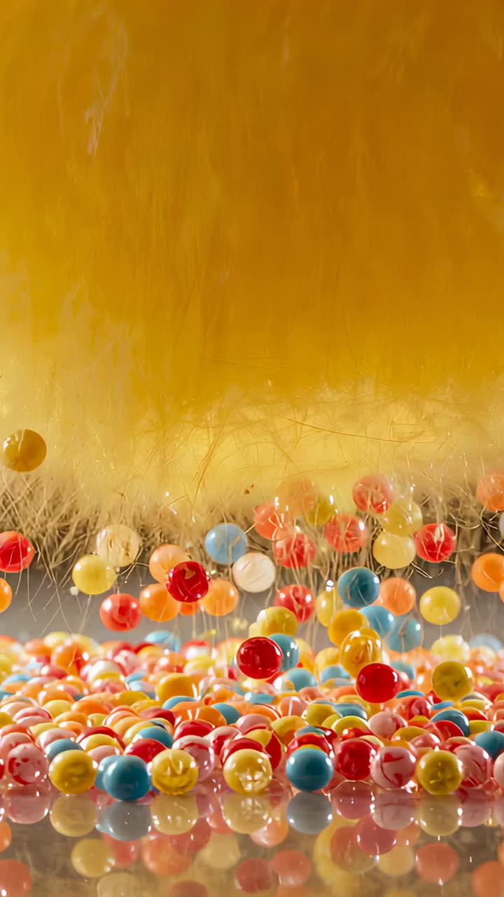 Vertical video: Dropping big spheres striking colorful beads in clear tube on shiny base scattering