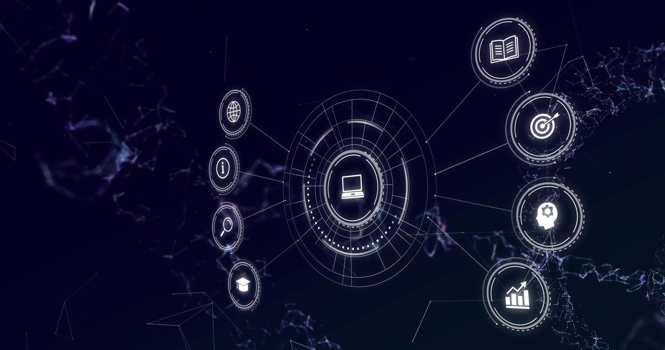 Central hub fading in initiating icons sliding in linking lines, rotating ring visualizing network