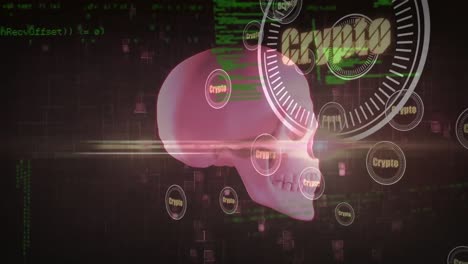 animation of skull over data processing on black background