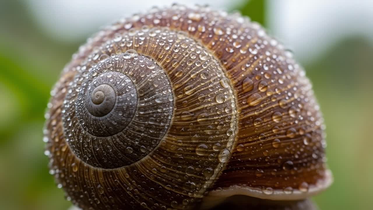 Close-up of a Snail Shell Adorned with Glimmering Raindrops, Showcasing the Intricate Patterns and Natural Beauty of This Fascinating Creature in Its Habitat