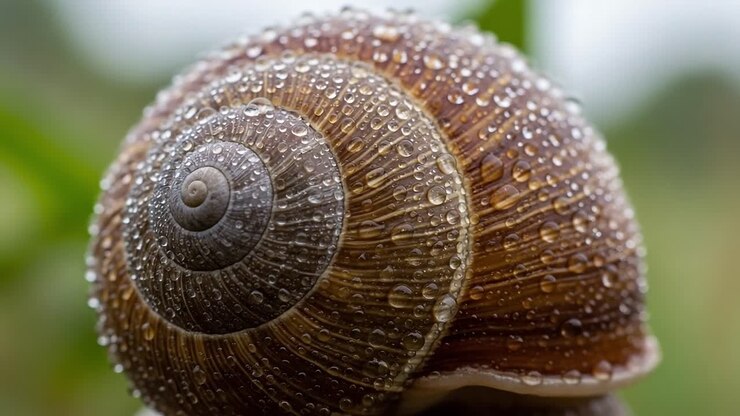 Close-up of a Snail Shell Adorned with Glimmering Raindrops, Showcasing the Intricate Patterns and Natural Beauty of This Fascinating Creature in Its Habitat